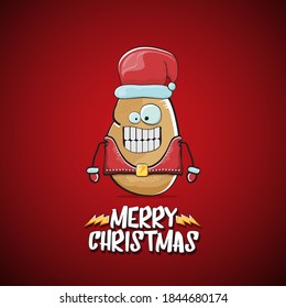 vector rock star Santa Claus potato funny cartoon cute character with red Santa hat and calligraphic merry Christmas text isolated on the red background. Rock n roll funky Christmas party banner