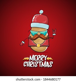 vector rock star Santa Claus potato funny cartoon cute character with red Santa hat and calligraphic merry Christmas text isolated on the red background. Rock n roll funky Christmas party banner