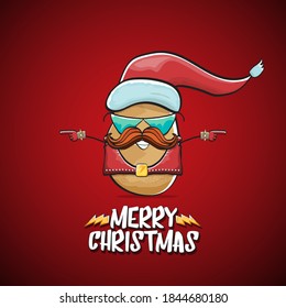 vector rock star Santa Claus potato funny cartoon cute character with red Santa hat and calligraphic merry Christmas text isolated on the red background. Rock n roll funky Christmas party banner