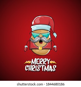 vector rock star Santa Claus potato funny cartoon cute character with red Santa hat and calligraphic merry Christmas text isolated on the red background. Rock n roll funky Christmas party banner