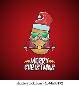 vector rock star Santa Claus potato funny cartoon cute character with red Santa hat and calligraphic merry Christmas text isolated on the red background. Rock n roll funky Christmas party banner