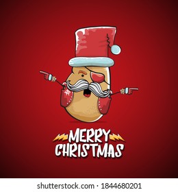 vector rock star Santa Claus potato funny cartoon cute character with red Santa hat and calligraphic merry Christmas text isolated on the red background. Rock n roll funky Christmas party banner