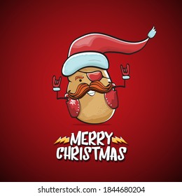 vector rock star Santa Claus potato funny cartoon cute character with red Santa hat and calligraphic merry Christmas text isolated on the red background. Rock n roll funky Christmas party banner