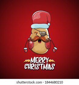 vector rock star Santa Claus potato funny cartoon cute character with red Santa hat and calligraphic merry Christmas text isolated on the red background. Rock n roll funky Christmas party banner
