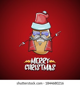 vector rock star Santa Claus potato funny cartoon cute character with red Santa hat and calligraphic merry Christmas text isolated on the red background. Rock n roll funky Christmas party banner