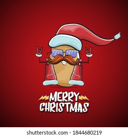 vector rock star Santa Claus potato funny cartoon cute character with red Santa hat and calligraphic merry Christmas text isolated on the red background. Rock n roll funky Christmas party banner