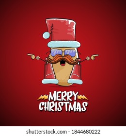 vector rock star Santa Claus potato funny cartoon cute character with red Santa hat and calligraphic merry Christmas text isolated on the red background. Rock n roll funky Christmas party banner