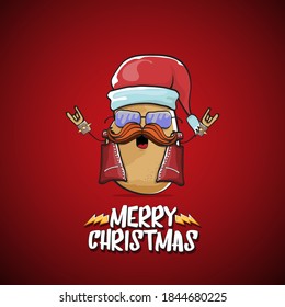 vector rock star Santa Claus potato funny cartoon cute character with red Santa hat and calligraphic merry Christmas text isolated on the red background. Rock n roll funky Christmas party banner