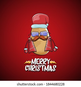 vector rock star Santa Claus potato funny cartoon cute character with red Santa hat and calligraphic merry Christmas text isolated on the red background. Rock n roll funky Christmas party banner