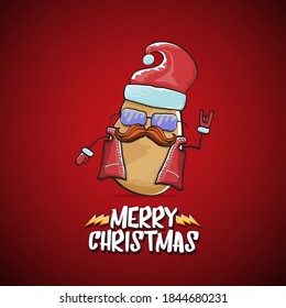 vector rock star Santa Claus potato funny cartoon cute character with red Santa hat and calligraphic merry Christmas text isolated on the red background. Rock n roll funky Christmas party banner