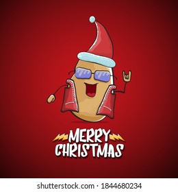 vector rock star Santa Claus potato funny cartoon cute character with red Santa hat and calligraphic merry Christmas text isolated on the red background. Rock n roll funky Christmas party banner