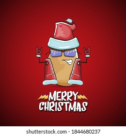 vector rock star Santa Claus potato funny cartoon cute character with red Santa hat and calligraphic merry Christmas text isolated on the red background. Rock n roll funky Christmas party banner