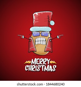 vector rock star Santa Claus potato funny cartoon cute character with red Santa hat and calligraphic merry Christmas text isolated on the red background. Rock n roll funky Christmas party banner