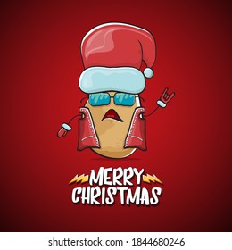 vector rock star Santa Claus potato funny cartoon cute character with red Santa hat and calligraphic merry Christmas text isolated on the red background. Rock n roll funky Christmas party banner