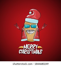 vector rock star Santa Claus potato funny cartoon cute character with red Santa hat and calligraphic merry Christmas text isolated on the red background. Rock n roll funky Christmas party banner
