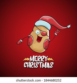 vector rock star Santa Claus potato funny cartoon cute character with red Santa hat and calligraphic merry Christmas text isolated on the red background. Rock n roll funky Christmas party banner