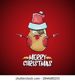 vector rock star Santa Claus potato funny cartoon cute character with red Santa hat and calligraphic merry Christmas text isolated on the red background. Rock n roll funky Christmas party banner