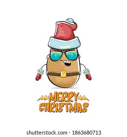 vector rock star Santa Claus potato funny cartoon cute character with red Santa hat and calligraphic merry Christmas text isolated on white background. Rock n roll funky Christmas party banner