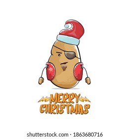 vector rock star Santa Claus potato funny cartoon cute character with red Santa hat and calligraphic merry Christmas text isolated on white background. Rock n roll funky Christmas party banner