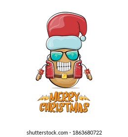 vector rock star Santa Claus potato funny cartoon cute character with red Santa hat and calligraphic merry Christmas text isolated on white background. Rock n roll funky Christmas party banner