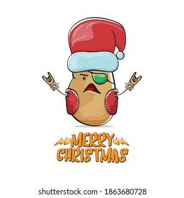 vector rock star Santa Claus potato funny cartoon cute character with red Santa hat and calligraphic merry Christmas text isolated on white background. Rock n roll funky Christmas party banner
