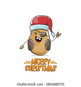 vector rock star Santa Claus potato funny cartoon cute character with red Santa hat and calligraphic merry Christmas text isolated on white background. Rock n roll funky Christmas party banner