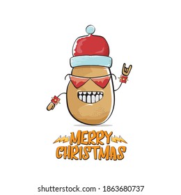 vector rock star Santa Claus potato funny cartoon cute character with red Santa hat and calligraphic merry Christmas text isolated on white background. Rock n roll funky Christmas party banner