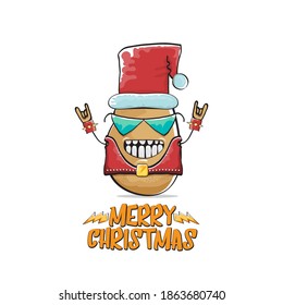 Vektor Rock-Star Santa Claus Kartoffel lustige Cartoon süße Charakter mit rotem Weihnachtsmütze und kalligrafischen fröhlichen Weihnachtstext einzeln auf weißem Hintergrund. Rock n Roll funky Weihnachtsparty Banner