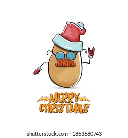 vector rock star Santa Claus potato funny cartoon cute character with red Santa hat and calligraphic merry Christmas text isolated on white background. Rock n roll funky Christmas party banner