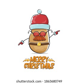 vector rock star Santa Claus potato funny cartoon cute character with red Santa hat and calligraphic merry Christmas text isolated on white background. Rock n roll funky Christmas party banner