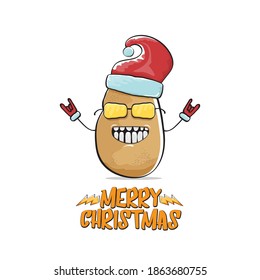 vector rock star Santa Claus potato funny cartoon cute character with red Santa hat and calligraphic merry Christmas text isolated on white background. Rock n roll funky Christmas party banner