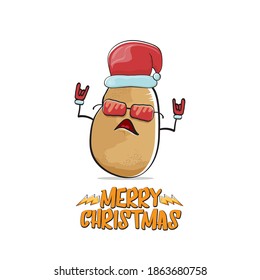 vector rock star Santa Claus potato funny cartoon cute character with red Santa hat and calligraphic merry Christmas text isolated on white background. Rock n roll funky Christmas party banner