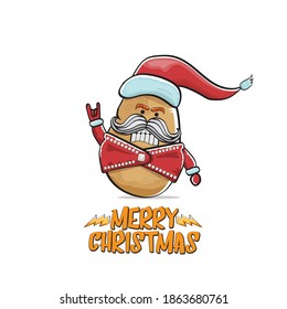 vector rock star Santa Claus potato funny cartoon cute character with red Santa hat and calligraphic merry Christmas text isolated on white background. Rock n roll funky Christmas party banner