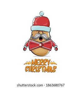 vector rock star Santa Claus potato funny cartoon cute character with red Santa hat and calligraphic merry Christmas text isolated on white background. Rock n roll funky Christmas party banner