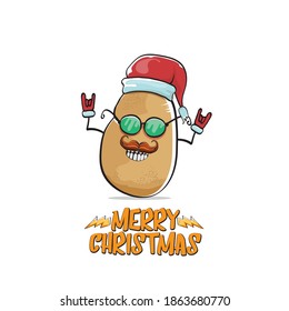 vector rock star Santa Claus potato funny cartoon cute character with red Santa hat and calligraphic merry Christmas text isolated on white background. Rock n roll funky Christmas party banner