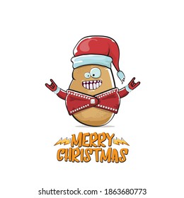 vector rock star Santa Claus potato funny cartoon cute character with red Santa hat and calligraphic merry Christmas text isolated on white background. Rock n roll funky Christmas party banner