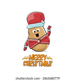 vector rock star Santa Claus potato funny cartoon cute character with red Santa hat and calligraphic merry Christmas text isolated on white background. Rock n roll funky Christmas party banner