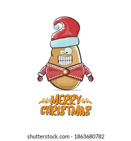 vector rock star Santa Claus potato funny cartoon cute character with red Santa hat and calligraphic merry Christmas text isolated on white background. Rock n roll funky Christmas party banner