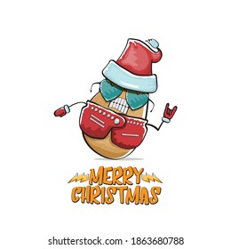 vector rock star Santa Claus potato funny cartoon cute character with red Santa hat and calligraphic merry Christmas text isolated on white background. Rock n roll funky Christmas party banner