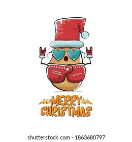 vector rock star Santa Claus potato funny cartoon cute character with red Santa hat and calligraphic merry Christmas text isolated on white background. Rock n roll funky Christmas party banner