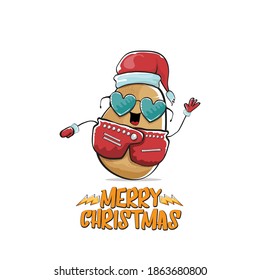 vector rock star Santa Claus potato funny cartoon cute character with red Santa hat and calligraphic merry Christmas text isolated on white background. Rock n roll funky Christmas party banner