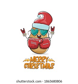 vector rock star Santa Claus potato funny cartoon cute character with red Santa hat and calligraphic merry Christmas text isolated on white background. Rock n roll funky Christmas party banner