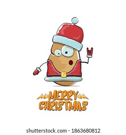 vector rock star Santa Claus potato funny cartoon cute character with red Santa hat and calligraphic merry Christmas text isolated on white background. Rock n roll funky Christmas party banner