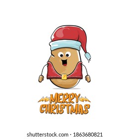 vector rock star Santa Claus potato funny cartoon cute character with red Santa hat and calligraphic merry Christmas text isolated on white background. Rock n roll funky Christmas party banner