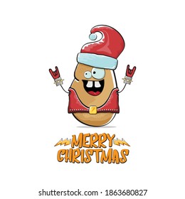 vector rock star Santa Claus potato funny cartoon cute character with red Santa hat and calligraphic merry Christmas text isolated on white background. Rock n roll funky Christmas party banner