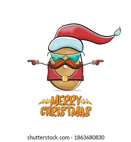 vector rock star Santa Claus potato funny cartoon cute character with red Santa hat and calligraphic merry Christmas text isolated on white background. Rock n roll funky Christmas party banner