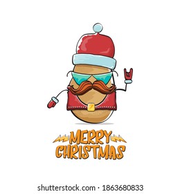 vector rock star Santa Claus potato funny cartoon cute character with red Santa hat and calligraphic merry Christmas text isolated on white background. Rock n roll funky Christmas party banner
