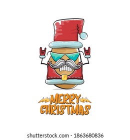 vector rock star Santa Claus potato funny cartoon cute character with red Santa hat and calligraphic merry Christmas text isolated on white background. Rock n roll funky Christmas party banner