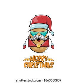 vector rock star Santa Claus potato funny cartoon cute character with red Santa hat and calligraphic merry Christmas text isolated on white background. Rock n roll funky Christmas party banner
