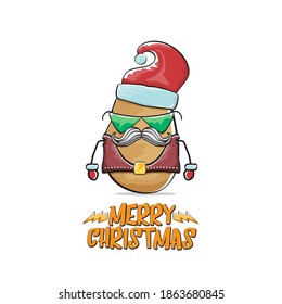 vector rock star Santa Claus potato funny cartoon cute character with red Santa hat and calligraphic merry Christmas text isolated on white background. Rock n roll funky Christmas party banner